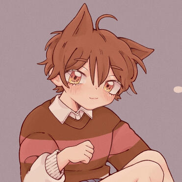 Commissioned image of my OC Furilei, a boy with short brown hair and cat-like ears wearing a striped sweater